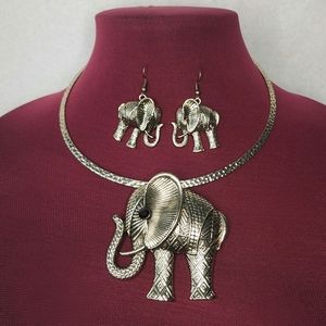 Fashion Jewelry Elephant Metal Pendant Statement Necklace & Earring Set
